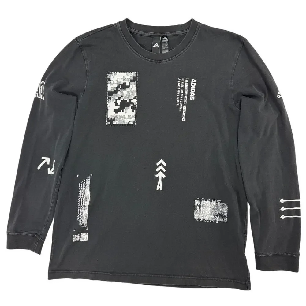 Adidas Men’s Large Black Allover Graphic Long Sleeve Cotton T-Shirt
